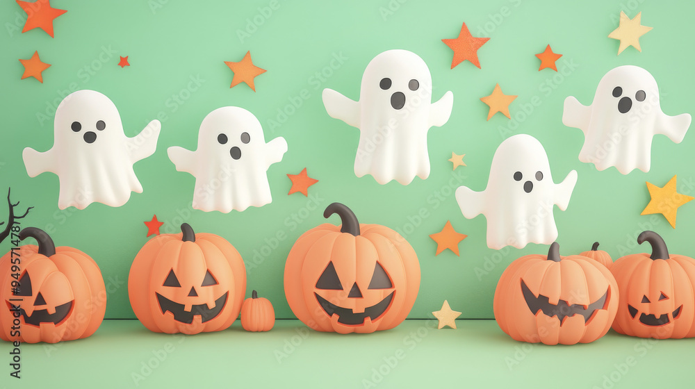 Adorable pastel Halloween card with friendly ghosts and pumpkins, surrounded by stars, on a soft pastel green background. Adorable pastel Halloween card with friendly ghosts and pumpkins, surrounded by stars, on a soft pastel green background.
