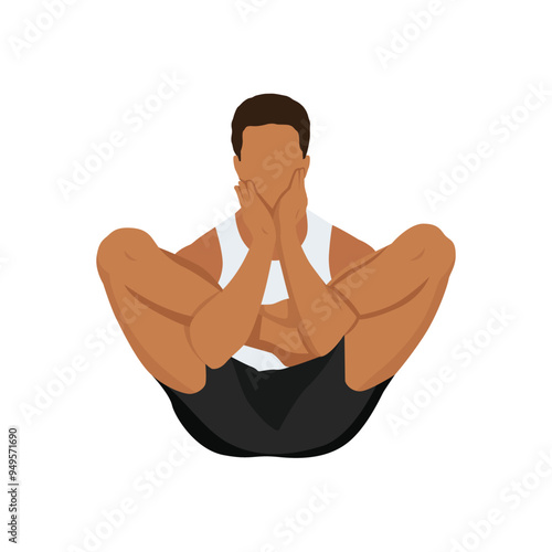 Young man doing embryo in the womb pose or garbha pindasana yoga exercise. Flat vector illustration isolated on white background photo