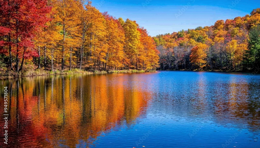 Fall Foliage Reflected in a Calm Blue Lake Fall Foliage Reflected in a Calm Blue Lake