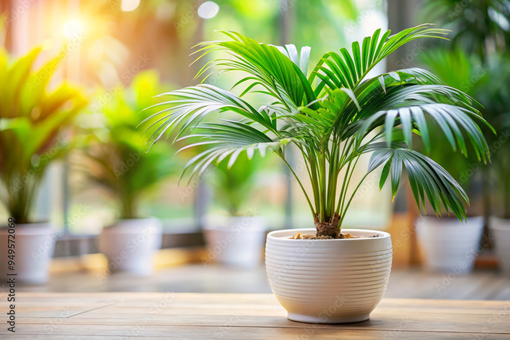 Green Palm Plant In White Pot On Wooden Table With Blurred Background. Green Palm Plant In White Pot On Wooden Table With Blurred Background.