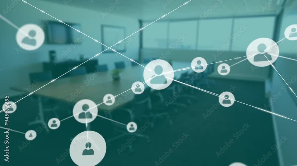 Network of connections animation over empty conference room with chairs and table Network of connections animation over empty conference room with chairs and table
