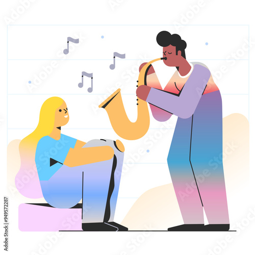 Man playing a saxophone for a woman