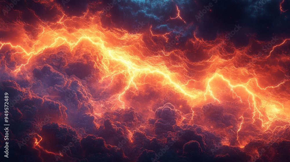 Dramatic lightning bolts illuminate dark storm clouds during a fierce tempest at twilight, creating a striking visual spectacle Dramatic lightning bolts illuminate dark storm clouds during a fierce tempest at twilight, creating a striking visual spectacle