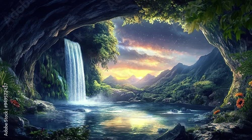 waterfall, water, nature, river, cascade, landscape, stream, forest, falls, stone, rocks seamless looping 4k time-lapse virtual video animation background. generated ai