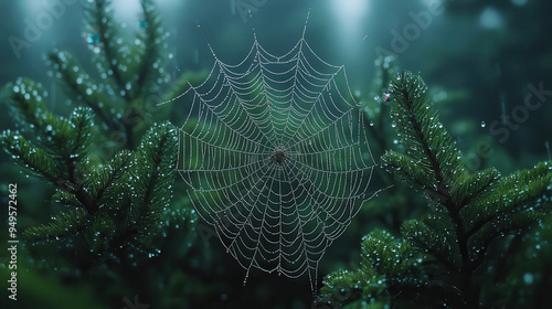 A dew-covered spider web nestled among evergreen trees on a misty morning in a tranquil forest