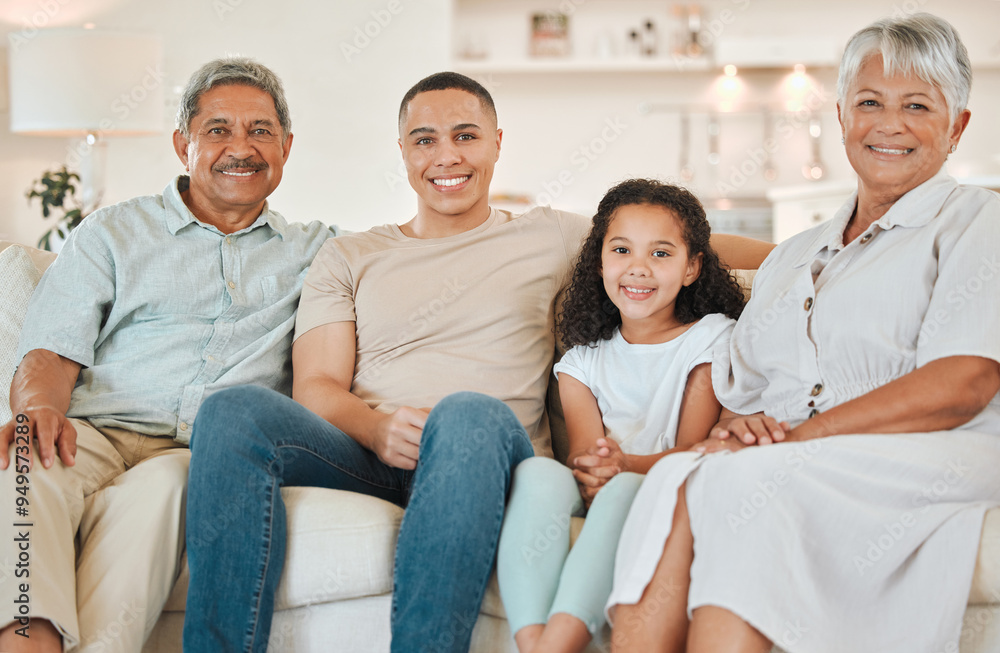 Fototapeta premium Family, face and relax in house for bonding, care and people on sofa with joy, embrace and weekend. Generations, portrait and happy with smile for love, relationship and comfort in lounge on couch