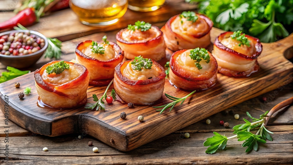 vibrant morning sunlight highlighting crispy bacon wrapped around succulent scallops atop rustic wooden cutting board with scattered fresh herbs and gold utensils stylish rustic gourmet vibrant morning sunlight highlighting crispy bacon wrapped around succulent scallops atop rustic wooden cutting board with scattered fresh herbs and gold utensils stylish rustic gourmet