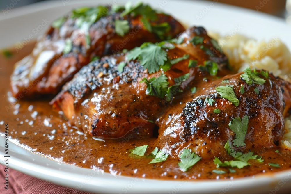 A white plate holding meat covered in savory gravy, Spicy and tangy flavors of a classic mole sauce drizzled over tender chicken A white plate holding meat covered in savory gravy, Spicy and tangy flavors of a classic mole sauce drizzled over tender chicken