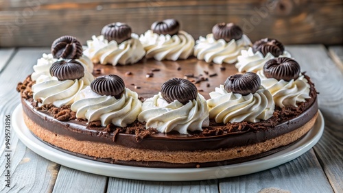 A picture of a decadent Oreo ice cream pie, adorned with a fluffy dollop of whipped cream and gazing up at the camera with its creamy, chocolate-coated crust. photo