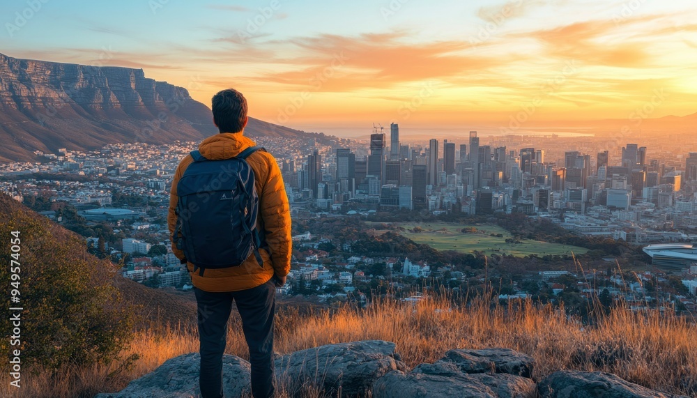 Fototapeta premium Man with Backpack Contemplating Cityscape at Sunset