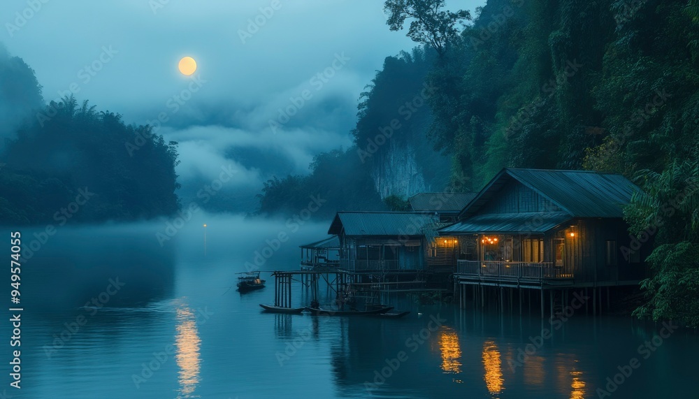 Fototapeta premium Illuminated Houses on Stilts in a Foggy River Under a Full Moon