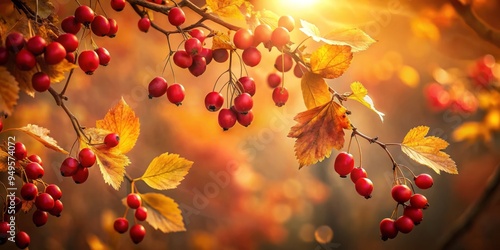 Vibrant red berries suspended in mid-air, surrounded by fluttering golden leaves, bathed in soft diffused light, inducing a sense of wonder and juiciness. photo