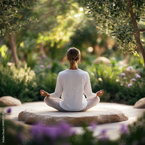 A tranquil garden with a yoga session taking place, with participants in meditation poses