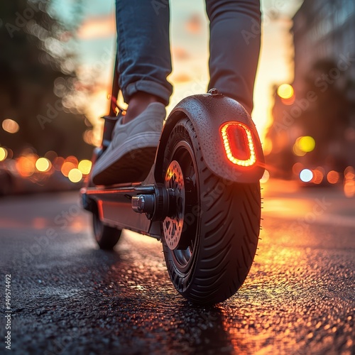 A person on an electric scooter rides in the city at sunset, demonstrating the power and manufacturability of the device photo