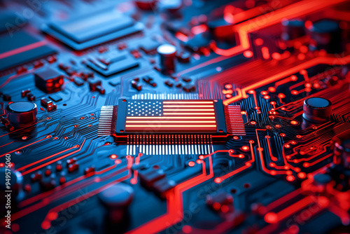 A microchip with the American flag, representing the progress of US technology in AI