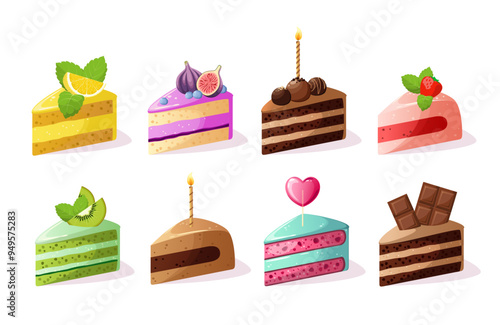 A set of bright festive cake pieces on a white background. Vector illustration.
