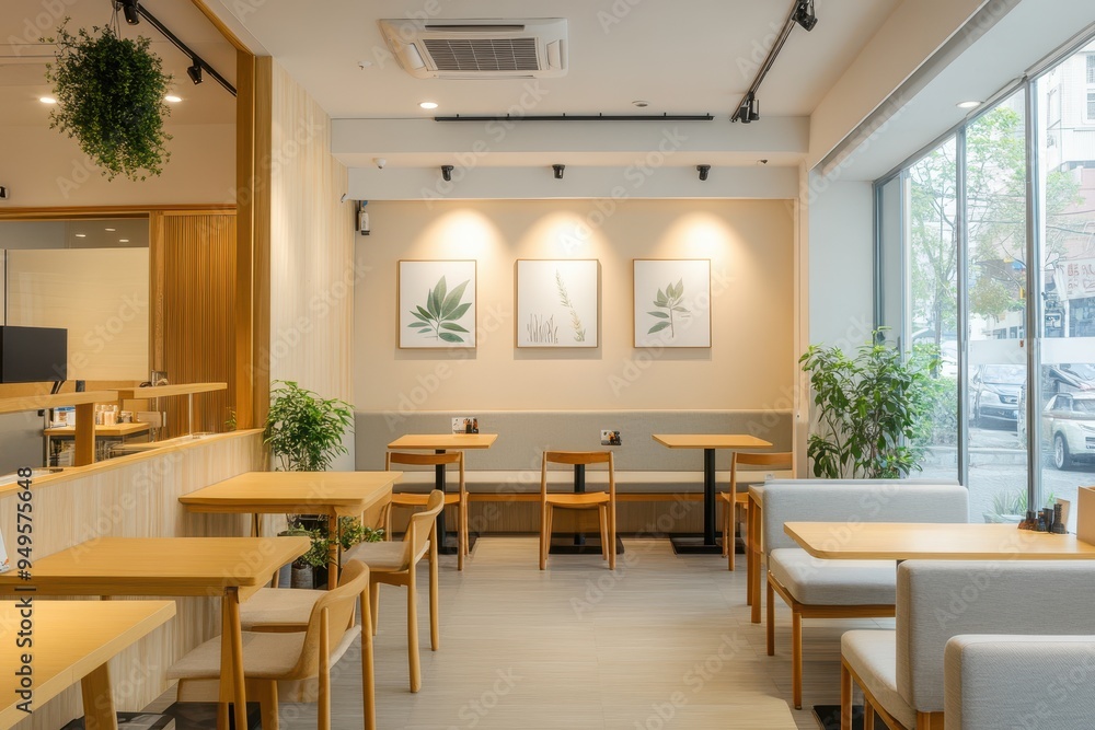 Fototapeta premium A modern caf? interior with wooden tables, plants, and framed botanical art.