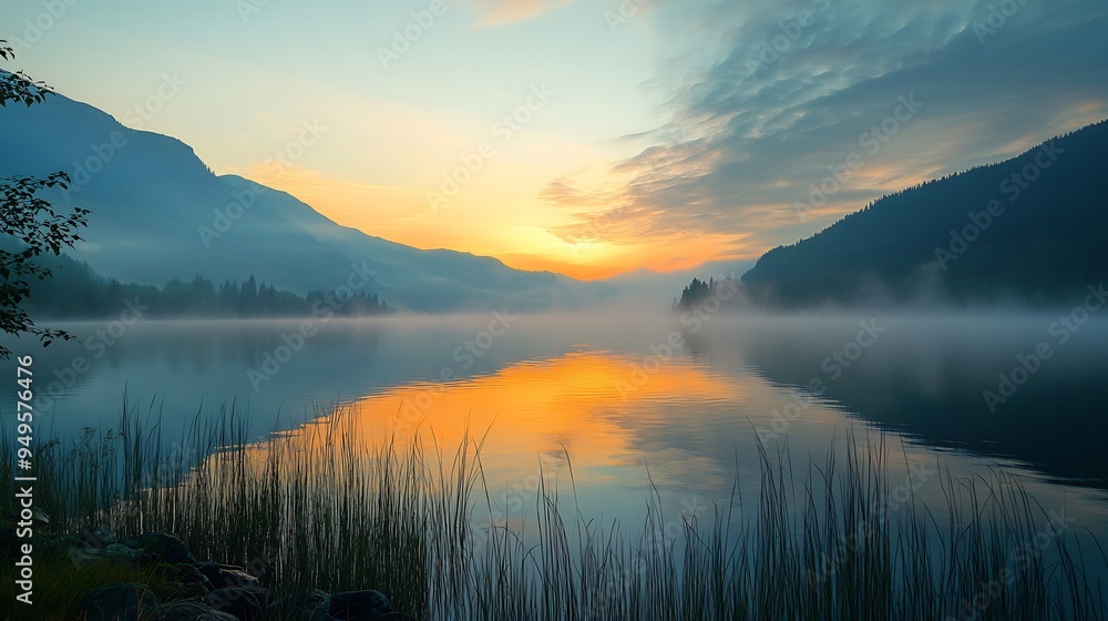 Fototapeta premium Peaceful sunrise over a mountain lake with mist rising from the water