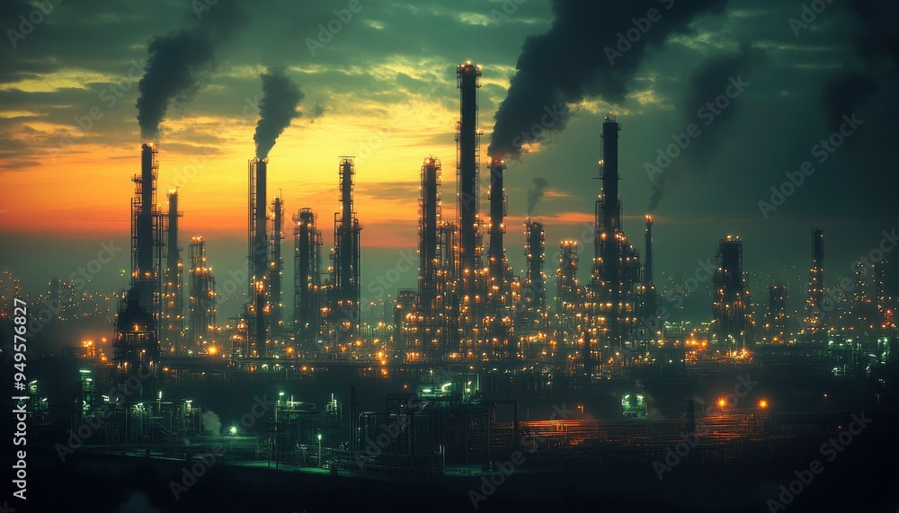Industrial Complex at Dusk with Smoke and Lights Industrial Complex at Dusk with Smoke and Lights