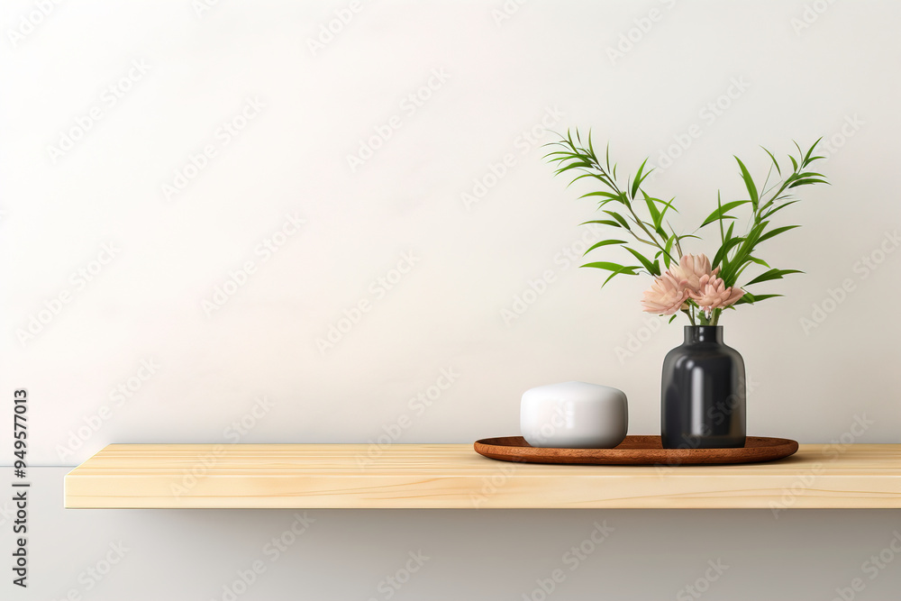 Minimalist Shelf Decor with Flowers and Wooden Tray Minimalist Shelf Decor with Flowers and Wooden Tray