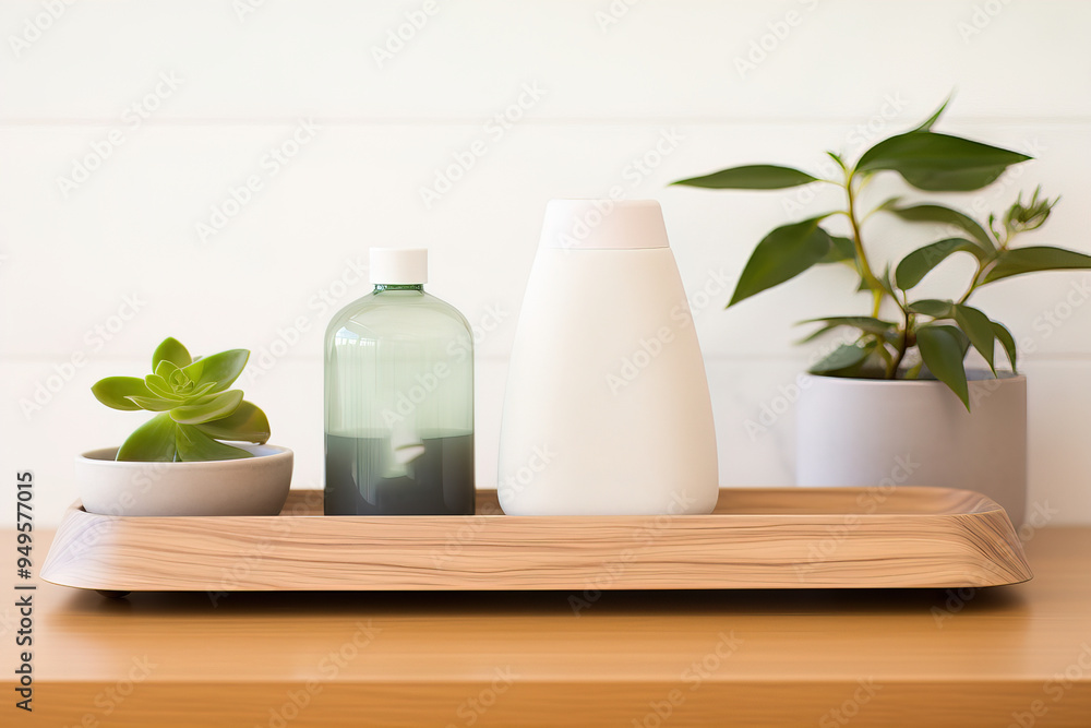 Minimalist Bathroom Decor with Wooden Tray and Green Plants Minimalist Bathroom Decor with Wooden Tray and Green Plants