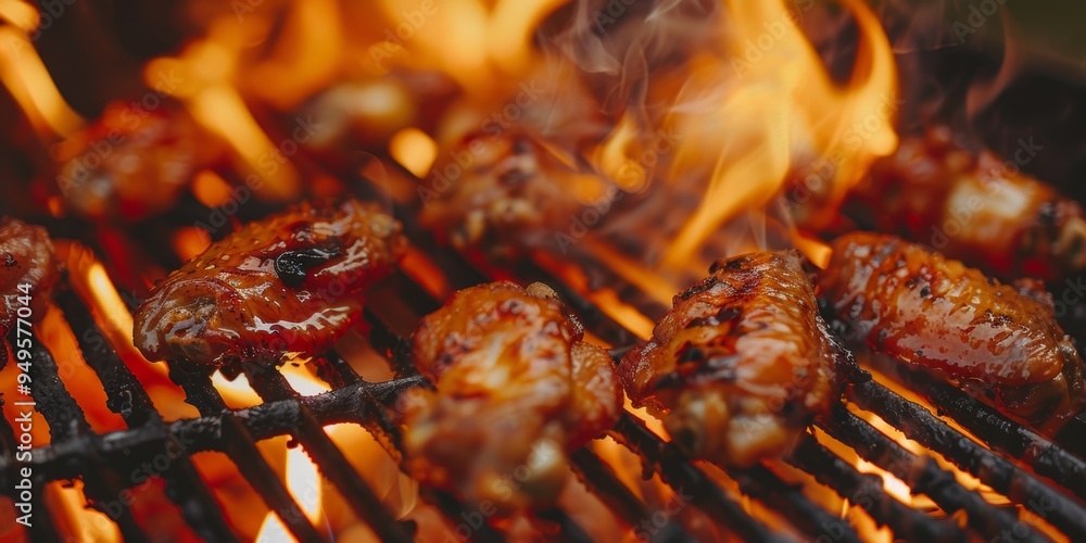 Close-up of Glazed Chicken Wings Grilling Over Fire Close-up of Glazed Chicken Wings Grilling Over Fire