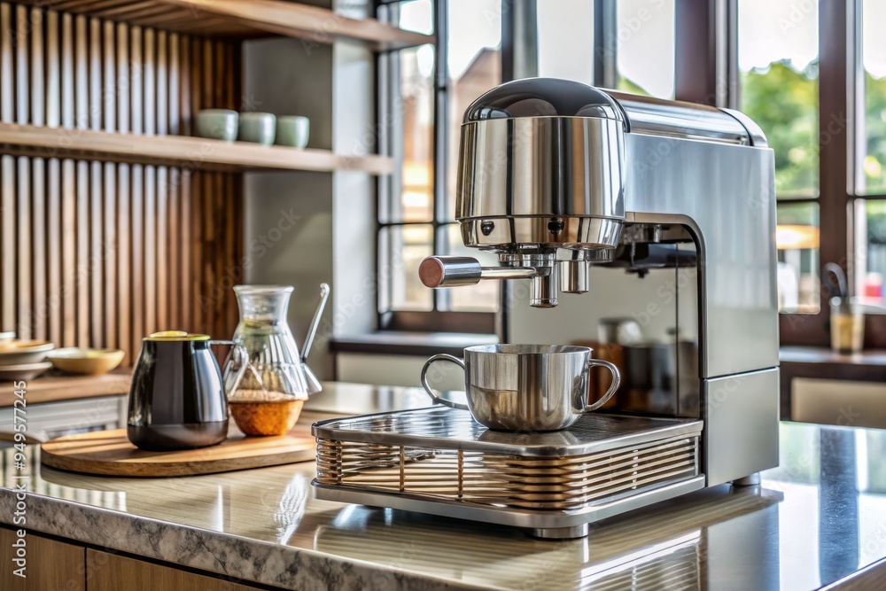 A photo image of a streamlined coffee machine with a metallic finish, angular lines, and a circular brew basket in a modern kitchen countertop setting. A photo image of a streamlined coffee machine with a metallic finish, angular lines, and a circular brew basket in a modern kitchen countertop setting.