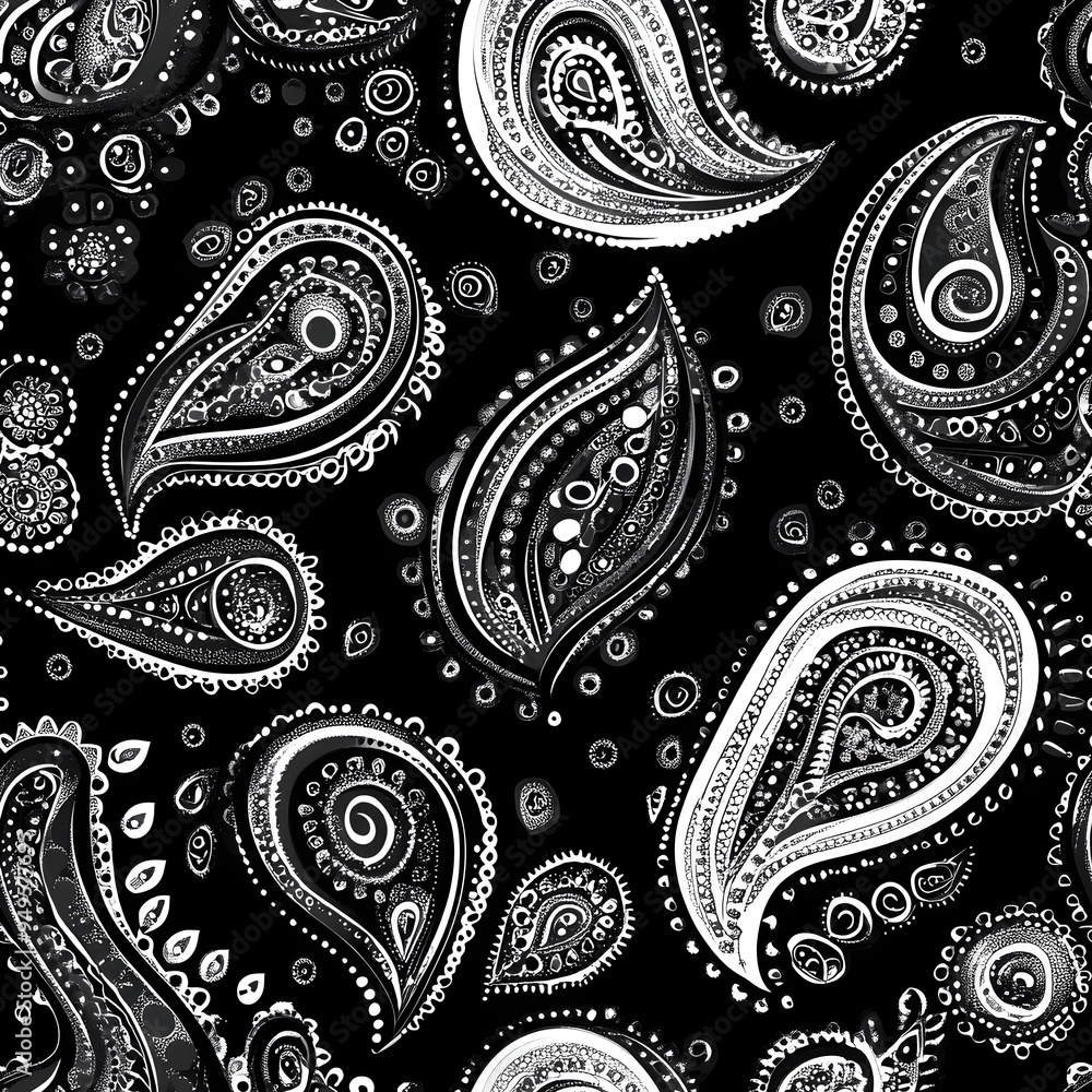 black and white vector paisley all over seamless pattern