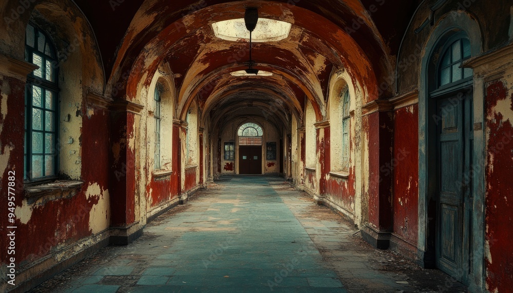 Fototapeta premium A long, arched hallway in a decaying building