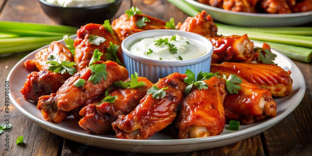 A photo image of Crispy, golden-brown grilled chicken wings smothered in a spicy, fiery-red sauce with a side of creamy blue cheese dressing and crunchy celery sticks. A photo image of Crispy, golden-brown grilled chicken wings smothered in a spicy, fiery-red sauce with a side of creamy blue cheese dressing and crunchy celery sticks.