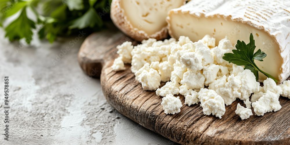 Close-up of goat cheese crumbles on a flat surface with a log nearby Close-up of goat cheese crumbles on a flat surface with a log nearby