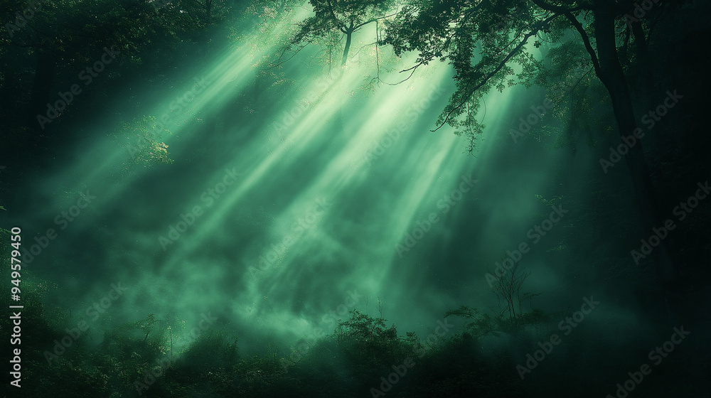 Obraz premium Glowing light beams breaking through a dense fog in a dark forest, mysterious and captivating, forest glowtime, eerie and enchanting