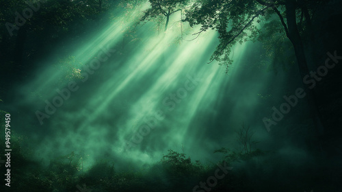 Glowing light beams breaking through a dense fog in a dark forest, mysterious and captivating, forest glowtime, eerie and enchanting