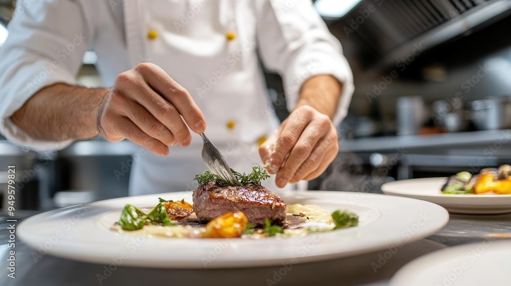 Professional chef preparing a dish in a gourmet kitchen Professional chef preparing a dish in a gourmet kitchen