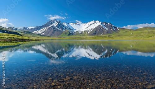 A Clear Mountain Lake Reflects Snow-Capped Peaks photo