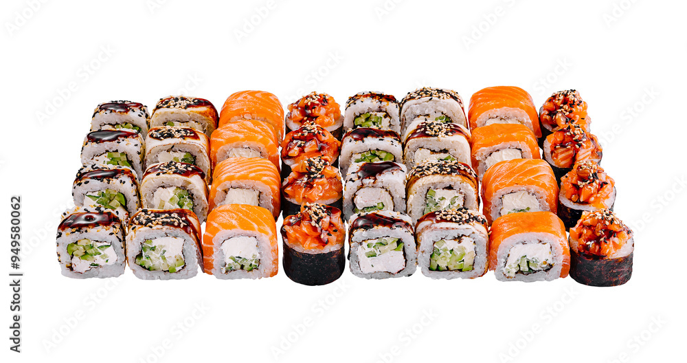 Sushi set presenting variety of delicious options on white background Sushi set presenting variety of delicious options on white background