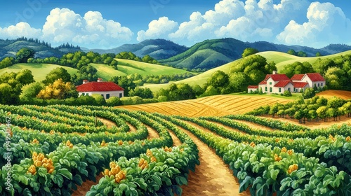 Organic farm with abundant crops and rolling hills shown in a detailed and colorful digital illustration