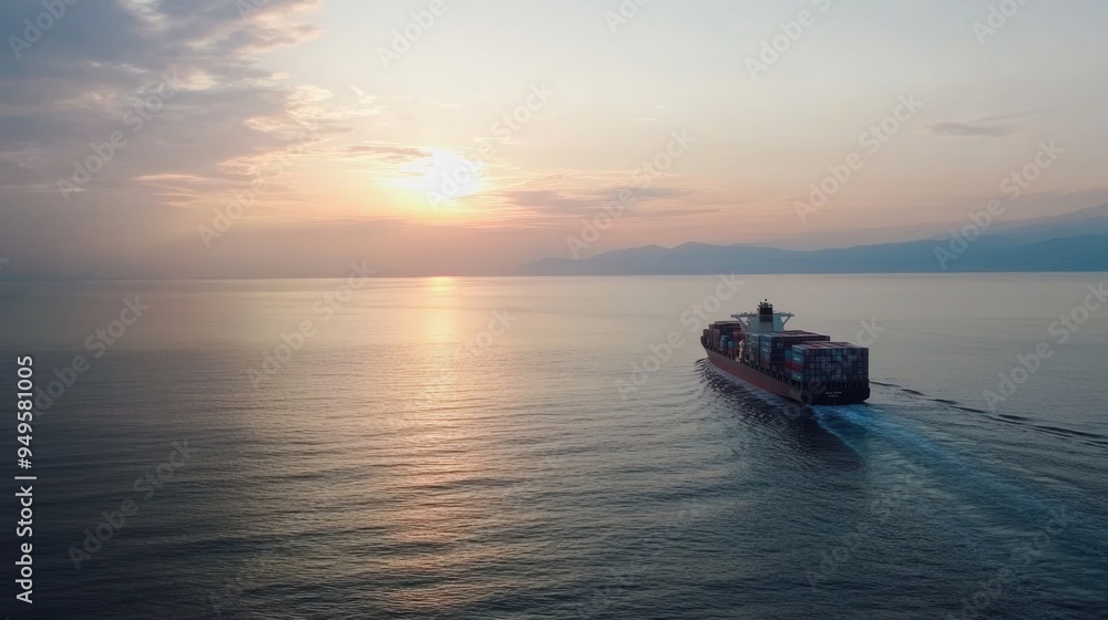 A large container ship navigates through calm waters as the sun sets, casting beautiful reflections over the ocean's surface and creating a serene atmosphere A large container ship navigates through calm waters as the sun sets, casting beautiful reflections over the ocean's surface and creating a serene atmosphere