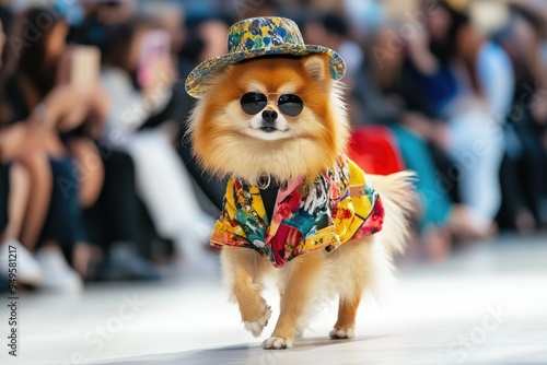 A fluffy, cute dog struts confidently on the catwalk, wearing a colorful outfit and sunglasses, captivating the audience at a fashion show photo