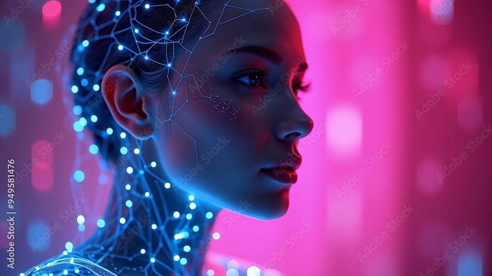 Beautiful close up portrait of female humanoid, digital artificial intelligence concept. Pink and blue neon background. Beautiful close up portrait of female humanoid, digital artificial intelligence concept. Pink and blue neon background.