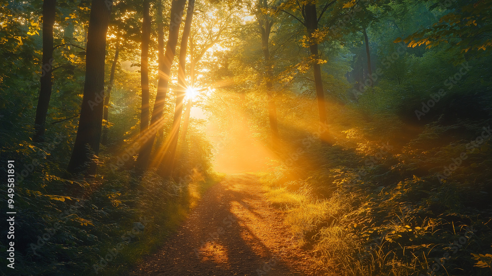 Fototapeta premium Radiant golden hour sunbeams illuminating a quiet forest path, nature's glowtime, peaceful and inspiring landscape