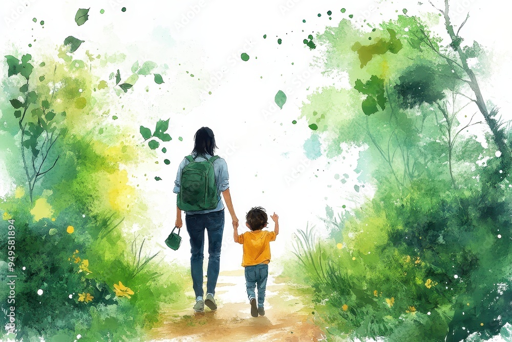 A watercolor painting of an adult and child walking in a lush green forest with vibrant splashes of color around them. A watercolor painting of an adult and child walking in a lush green forest with vibrant splashes of color around them.