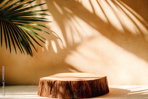 Rondin de bois devant mur beige, avec feuille tropical et son ombre photo