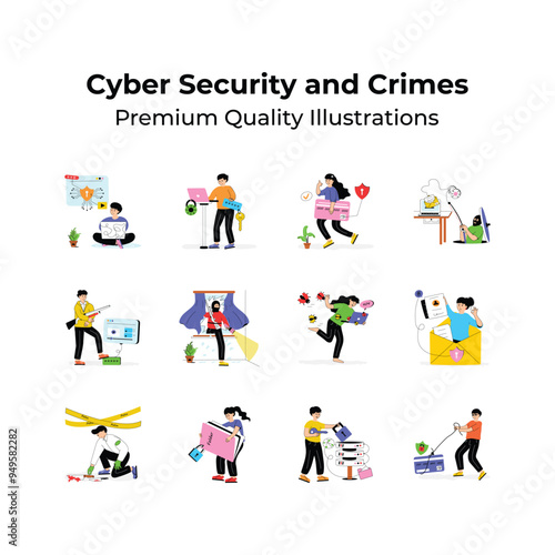 Collection of cyber security and crimes flat illustrations