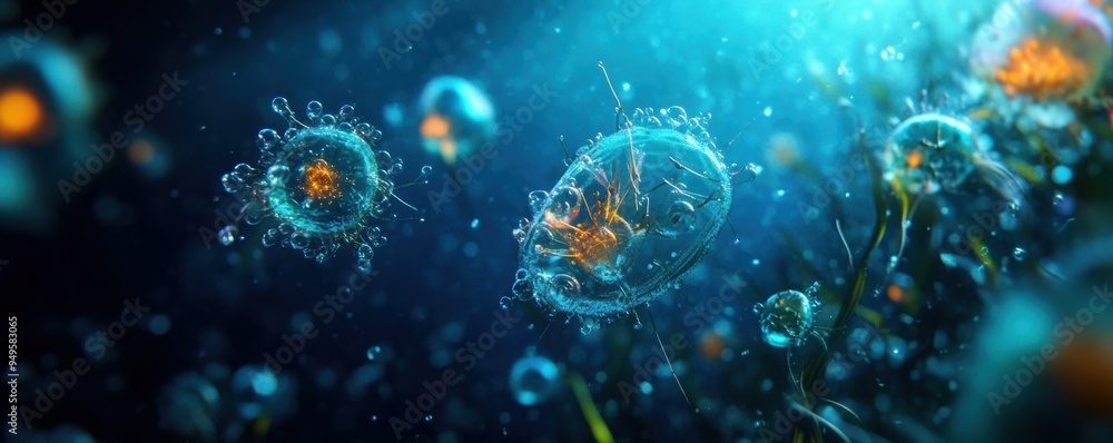 Fototapeta premium vibrant marine plankton and zooplankton surrounded by nutrients, highlighting their essential role in oceanic life support systems.