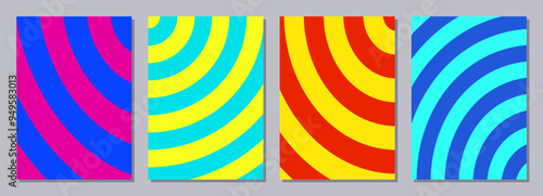 Set of flyers, posters, banners, placards, brochure design templates A6 size. Retro graphic design templates with color stripes. Covers template collection. Vector geometric striped backgrounds.