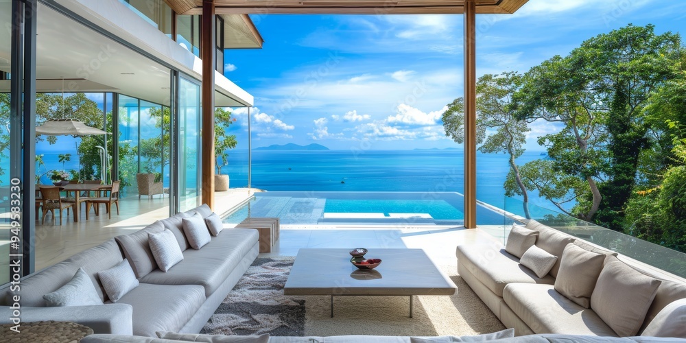Fototapeta premium Modern Terrace with Ocean View and Infinity Pool