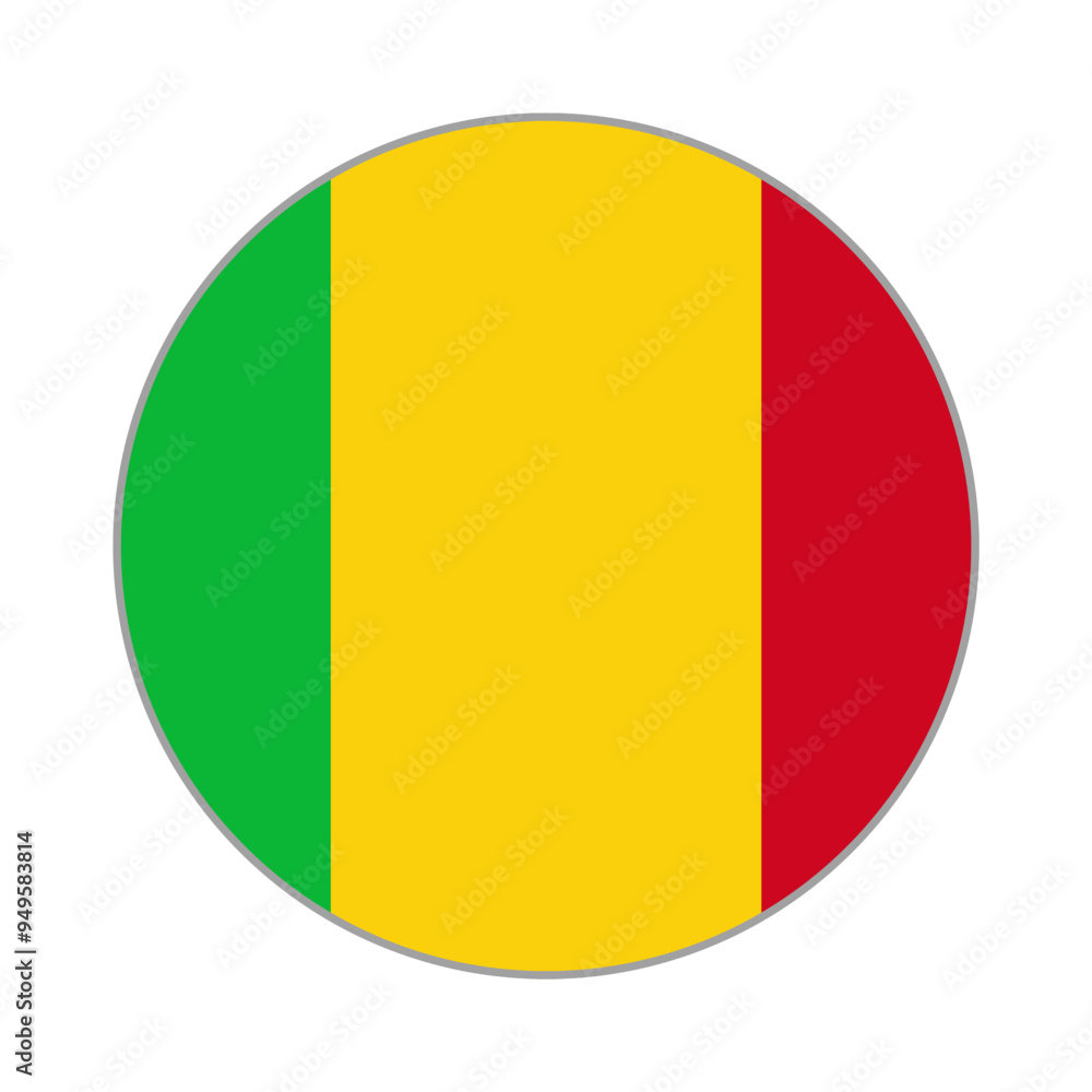 The flag of Mali. Flag icon. Standard color. Round flag. Computer illustration. Digital illustration. Vector illustration. The flag of Mali. Flag icon. Standard color. Round flag. Computer illustration. Digital illustration. Vector illustration.