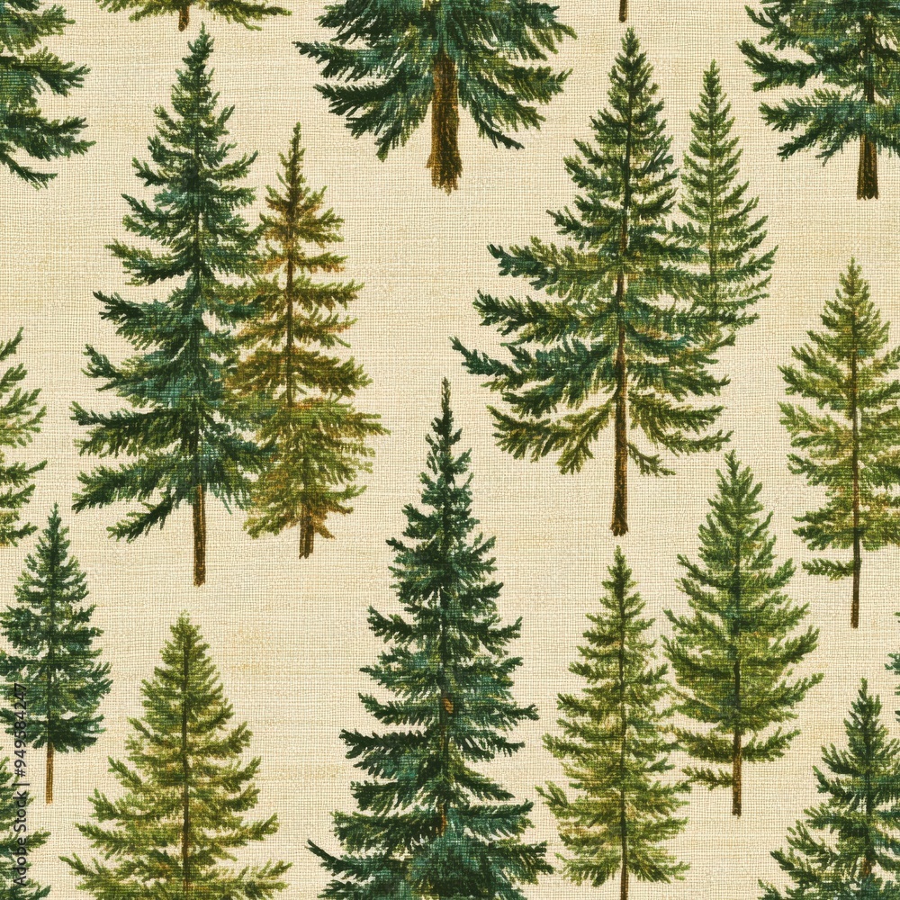 Fototapeta premium Vintage forest canopy pattern on vintage beige fabric background, seamless repeating pattern, textile print style, minimal, nature design, seamless forest canopy pattern, home decor, textiles