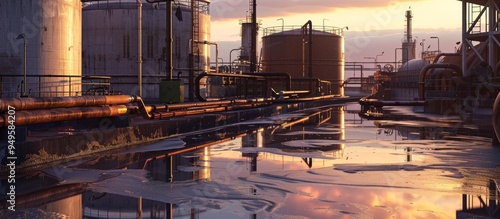 Industrial Reflection at Sunset with Silhouettes of Large Storage Tanks photo